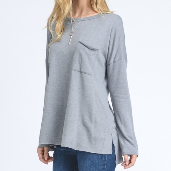 Gray Long Sleeve French Terry Pocket Top - Picture 2 of 8